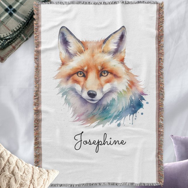 Cobertor Aquarela Raposa Vermelha Arte Caprichosa Personali (A personalized, fringed blanket throw, with illustration of a red fox in a watercolor style)