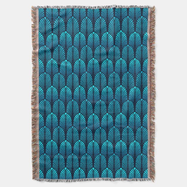 Cobertor Art Deco Feather Pattern, Turquesa e Marinho (Frente Vertical)