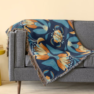 Cobertor Art Deco - flores laranja azuis