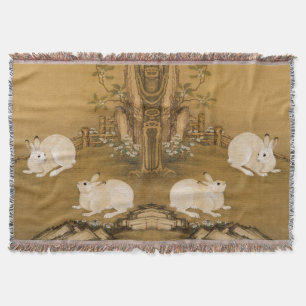 Cobertor Arte Chinesa Vintage Pintura de Dois Coelhos Branc