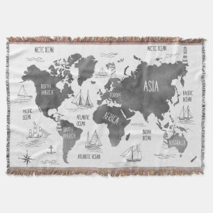 Cobertor Arte de Mapa Mundial Náutico Preto Branco