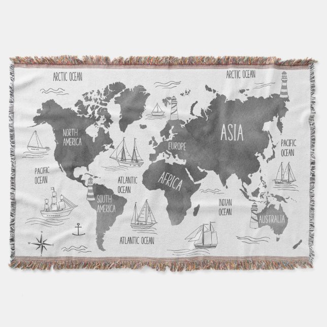 Cobertor Arte de Mapa Mundial Náutico Preto Branco (Frente)