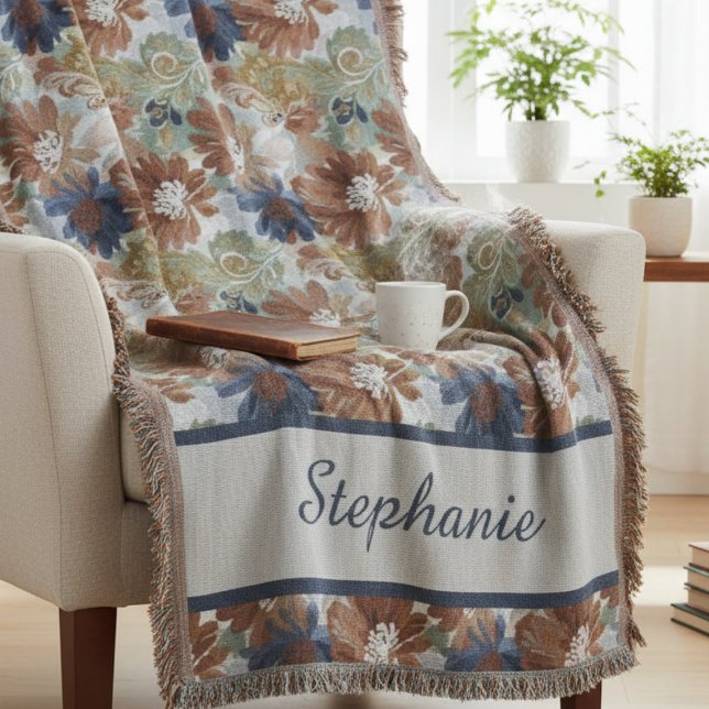 Cobertor Arte de Mindfulness Botânico Marinho Ferrugem Terr (Personalized boho floral throw blanket)