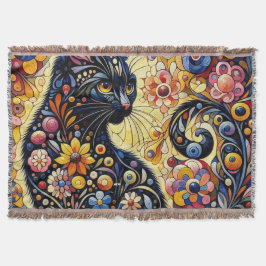 Cobertor Arte Floral Abstrato de Gato Negro