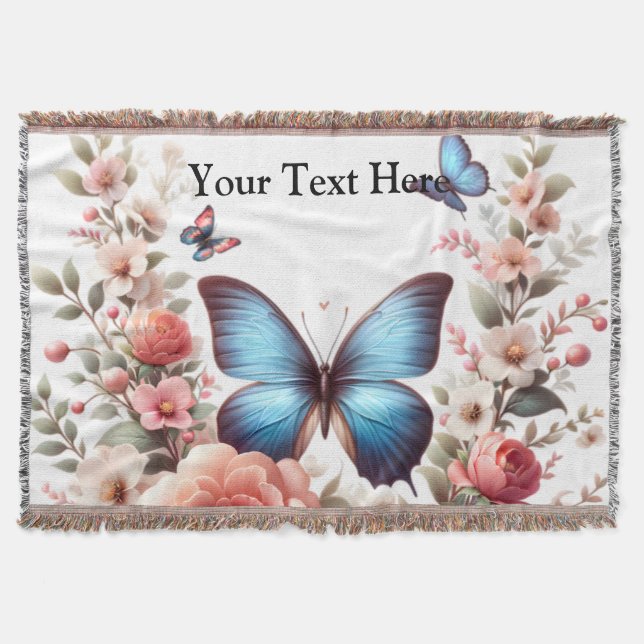 Cobertor Arte Floral de Borboleta Azul com Texto Personaliz (Frente)