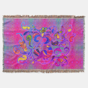 Cobertor Arte Folclórica em Neon Rosemaling Pássaro e Folha