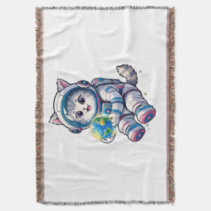 Cobertor Astronauta Gato Fofo Segurando Desenho do Planeta