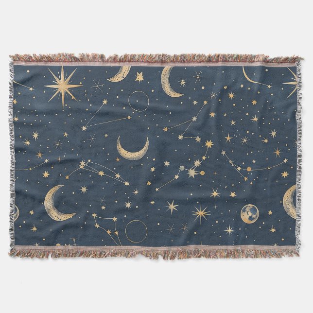 Cobertor Astronomia Vintage Navy Marfim Lua Constelação (Frente)