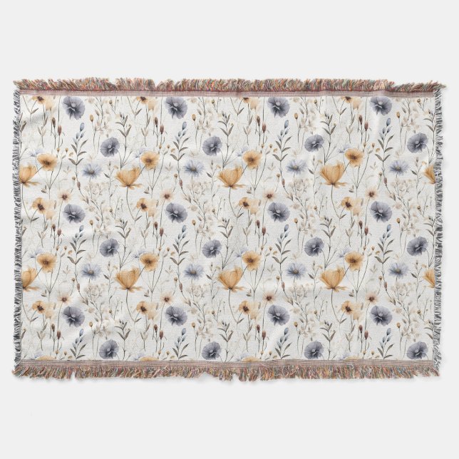 Cobertor Azul Bege Marrom Branco Boho Flores Botânico (Frente)