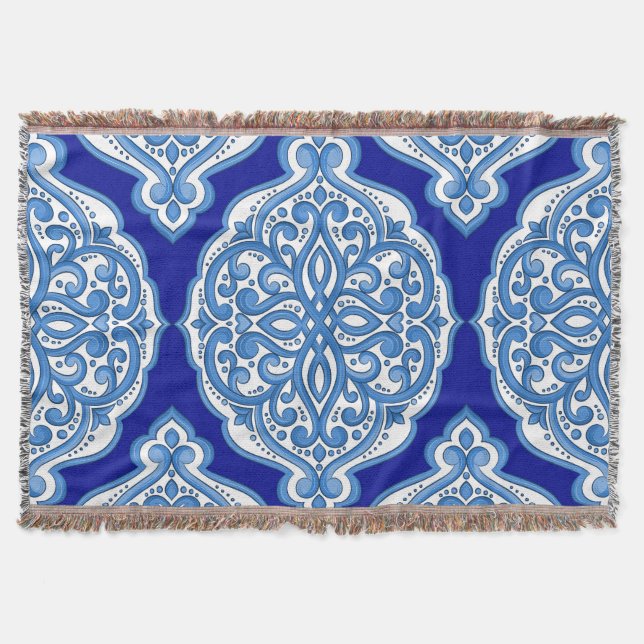 Cobertor Azul-branco-luxo, ornamento turco. (Frente)