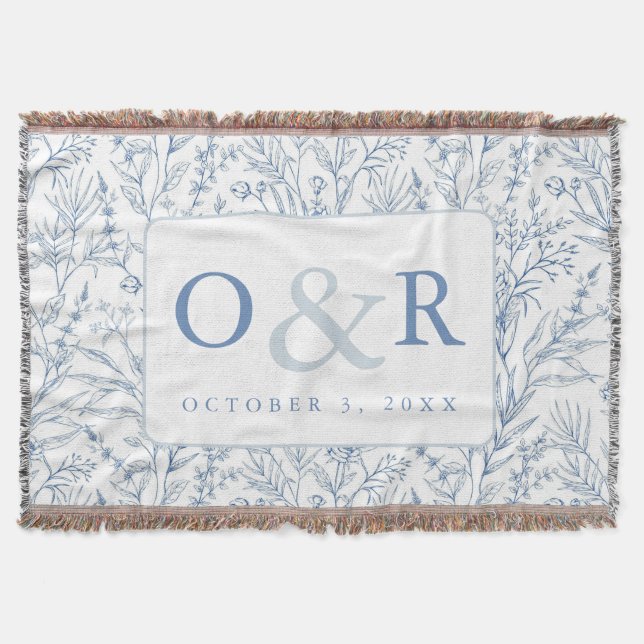 Cobertor Azul e Branco Toile Francês Floral Monograma Abert (Frente)