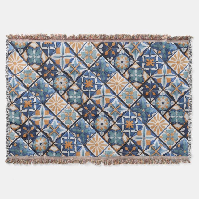 Cobertor Azul e laranja extraordinários, árabe e marroquino (Frente)