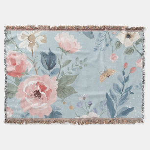 Cobertor Azul Empoeirado Floral Aquarela Jardim Rosa Flores