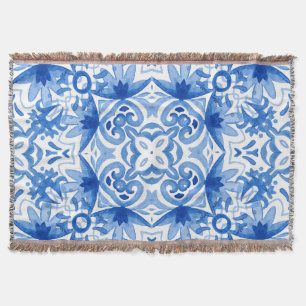Cobertor Azulejo branco azul, padrão uniforme de aquarela.