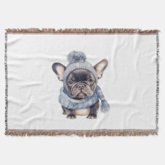Cobertor Bebê Bulldog de Inverno de Gorro e Cachecol Azul