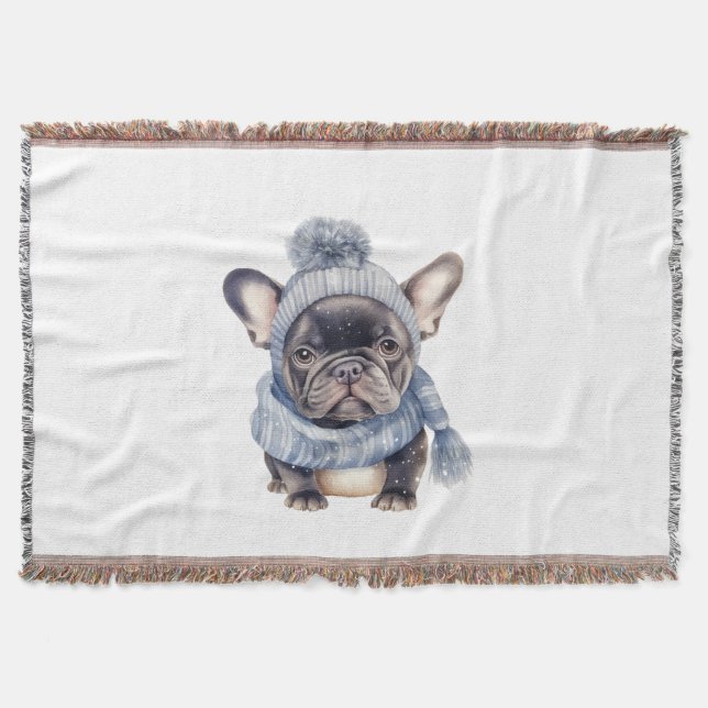 Cobertor Bebê Bulldog de Inverno de Gorro e Cachecol Azul (Frente)