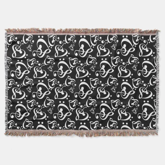 Cobertor Black White Notes Bass Treble Clef Hearts (Frente)