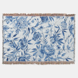 Cobertor Blue Chinoiserie Watercolor Floral Botanical