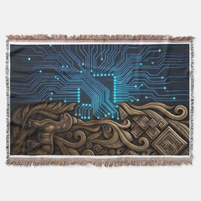 Cobertor Blue Circuitry on Tribal Wood (Frente)