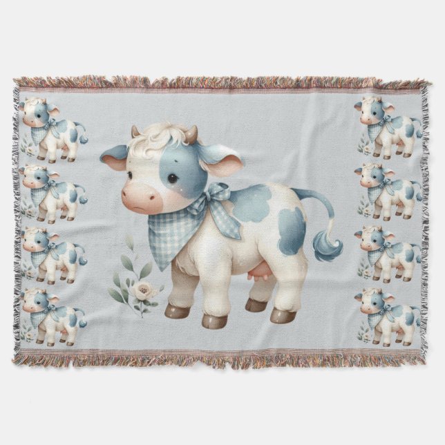 Cobertor Blue Gingham Baby Cow Pastel Farm Aesthetic (Frente)