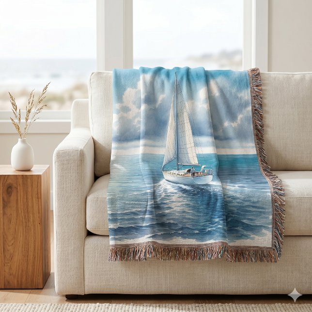 Cobertor Blue Horizon Barco a Vela Solitário (Blue Horizon Solitary Sailboat Throw Blanket)