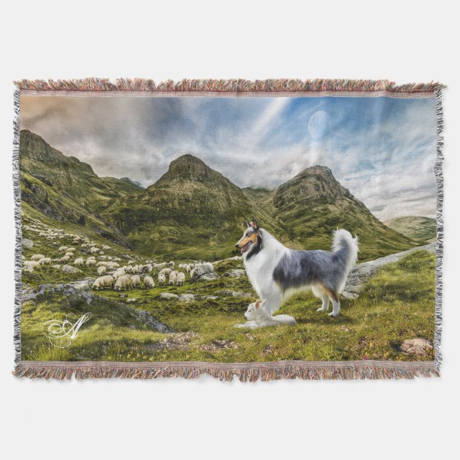 Cobertor Blue Merle Collie Herding Sheep - Personalizado (Frente)