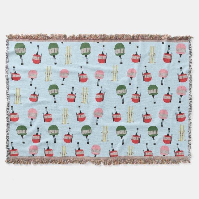 Cobertor Blue Retro Ski Lift Gondola Winter Skiing (Frente)