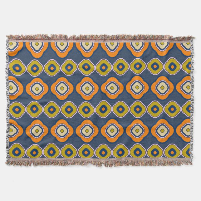 Cobertor Boho 70s Retroativo Formas Padrão Azul Laranja  (Frente)