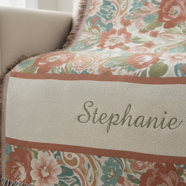 Cobertor Boho Chic Floral Paisley Pattern Throw Blanket (Personalized heirloom floral throw blanket)