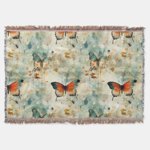 Cobertor Boho Laranja Azul-marinho Borboleta Flor Silvestre