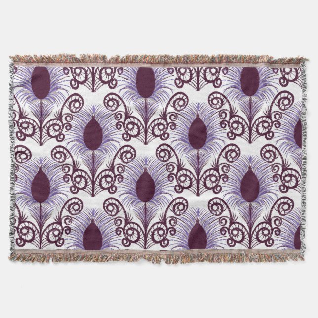 Cobertor Boho Peacock Feather Jewel Tone-Purple Monocromo (Frente)