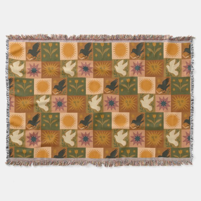 Cobertor Boho Retro Celestial Sun Moon (Frente)