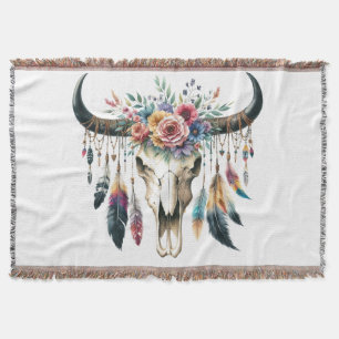 Cobertor Boho Skull Nativo Americano Colorida Feather