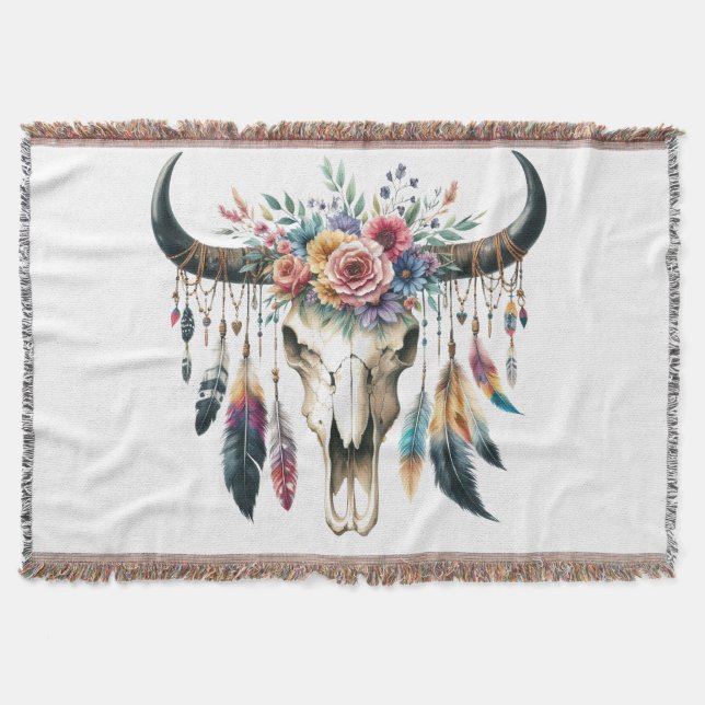 Cobertor Boho Skull Nativo Americano Colorida Feather (Frente)