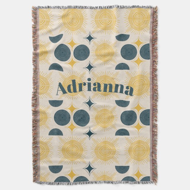 Cobertor Boho Sun Moon Stars Blue Yellow Personalizado (Frente Vertical)