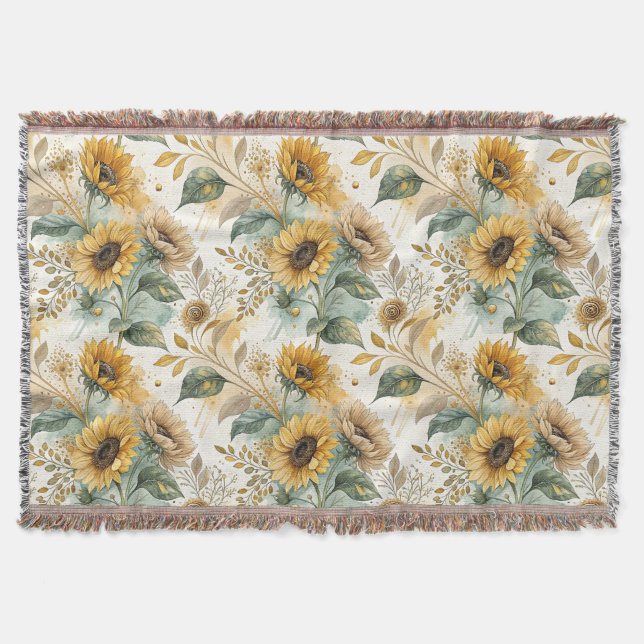 Cobertor Boho Sunflowers Watercolor Gold (Frente)
