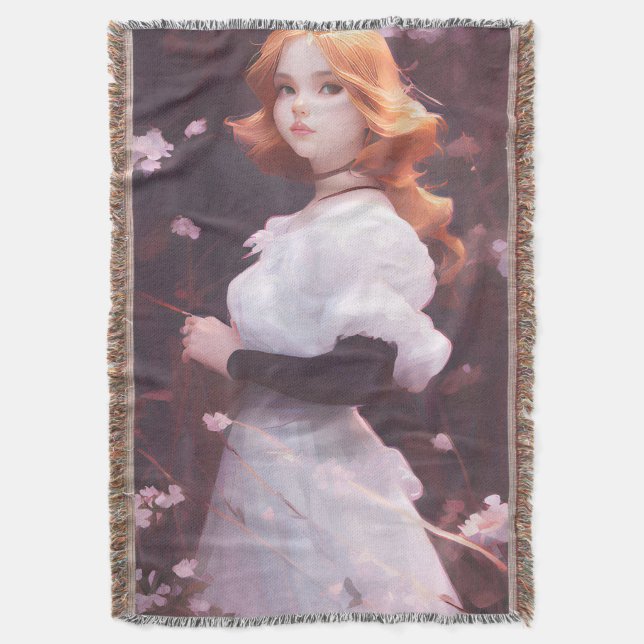 Cobertor Bonita Menina Entre Retrato De Flores Rosa (Frente Vertical)