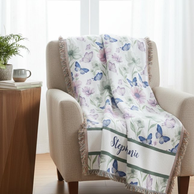 Cobertor Borboleta Azul Aquarela Prado (Personalize butterfly floral throw blanket)