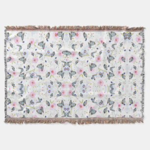Cobertor Borboleta Azul e Floral Rosa em Aquarela Vintage