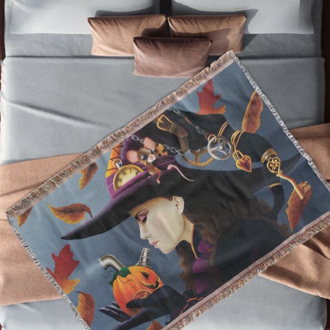 Cobertor Bruxa do Outono Steampunk com Abóbora e Relógio (Criador carregado)