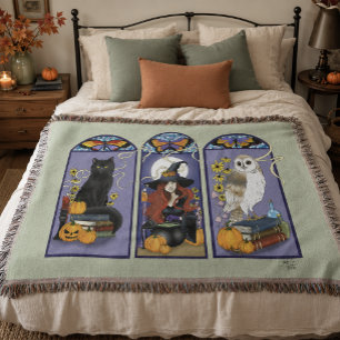Cobertor Bruxa Gótica Gato Preto Coruja Halloween Art Nouve