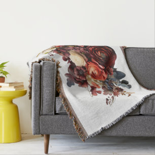 Cobertor Burgundy Maroon Coral White Moody Floral