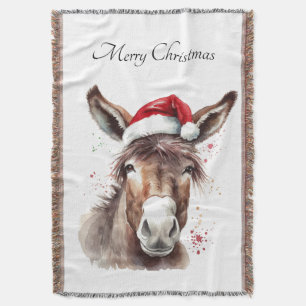 Cobertor Burro de Natal com Chapéu de Papai Noel em Aquarel