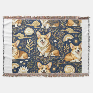 Cobertor Cães Corgi Elegantes Padrão Damasco Dourado Azul N