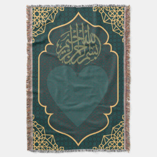 Cobertor Calligraphy Heart Teal Gold Woven 