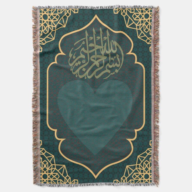 Cobertor Calligraphy Heart Teal Gold Woven  (Frente Vertical)
