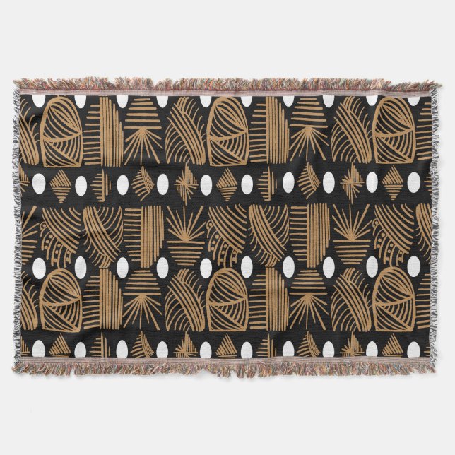 Cobertor Caribe Tribal Mudclose: Preto, Branco, Dourado (Frente)