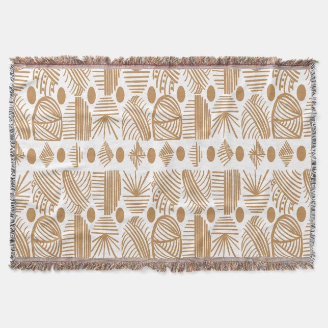 Cobertor Caribe Tribal Mudcloth: Branco, Dourado (Frente)
