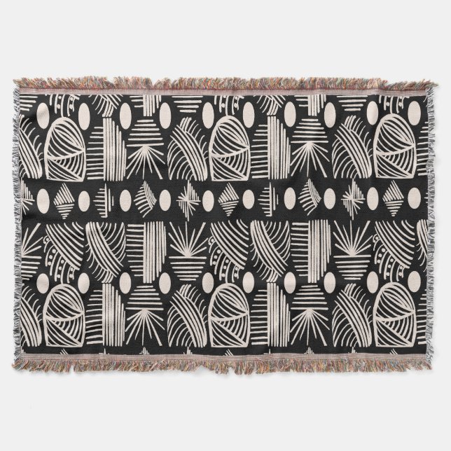 Cobertor Caribe Tribal Mudcloth: Preto, Branco, (Frente)