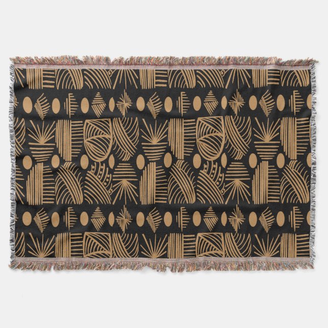 Cobertor Caribe Tribal Mudcloth: Preto, Dourado (Frente)
